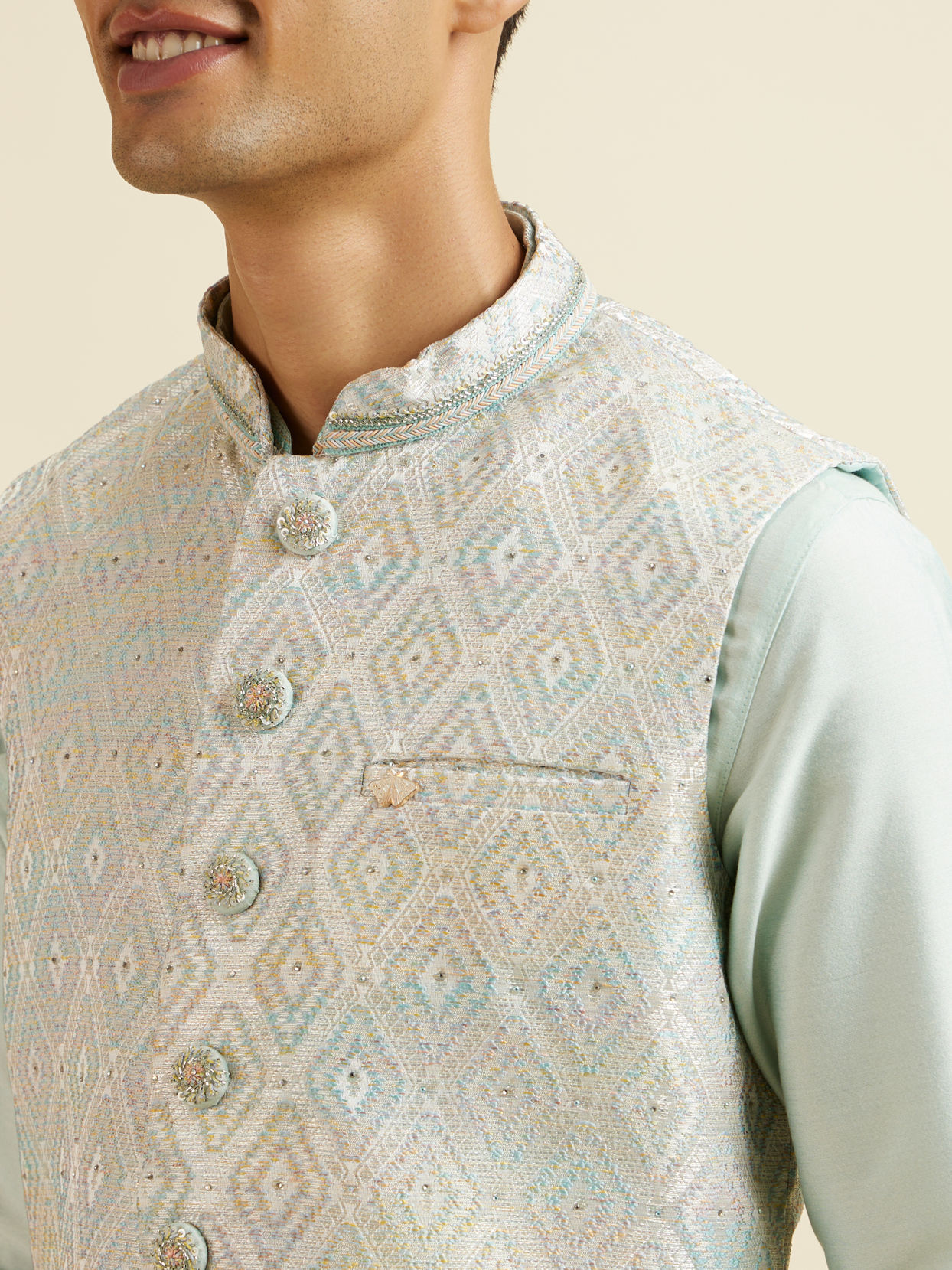 alt message - Manyavar Men Aqua Green & Light Grey Harlequin Print Jacket Set image number 1